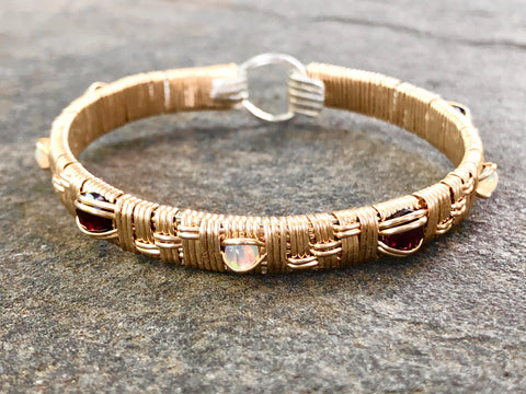 Ethiopian Opal and Garnet Basket Weave Elite Bangle Bracelet