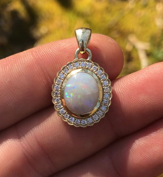 Australian Opal Scalloped Halo Pendant