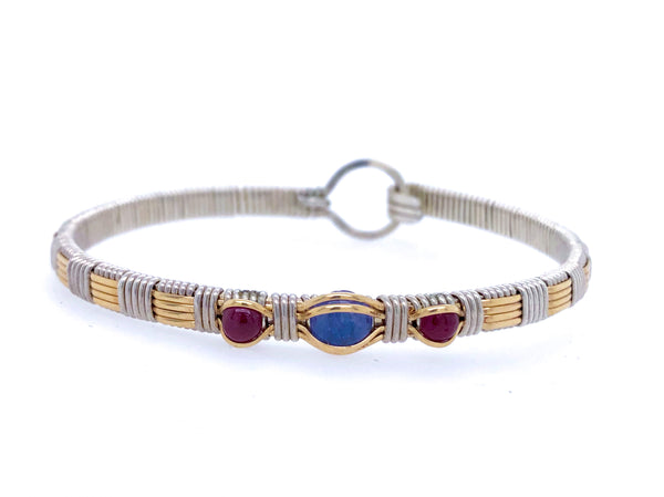 Tanzanite and Ruby Three Stone Classic Bangle Bracelet
