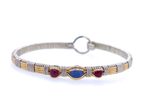 Tanzanite and Ruby Three Stone Classic Bangle Bracelet