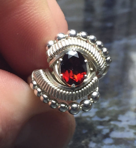 Beaded Wire Wrapped Almandine Garnet Ring Oval Gemstone