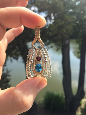 Wire Wrapped Pendant (Swiss Blue Topaz, Almandine Garnet)