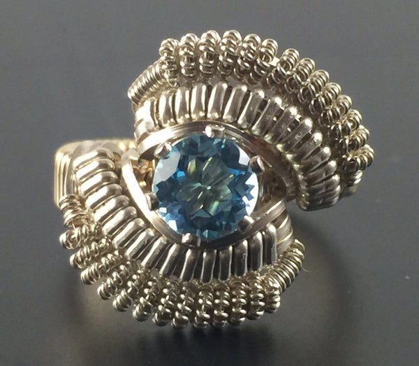 Wire Wrapped Thai Swiss Blue Topaz Ring (Size 6) Argentium Silver 14 Karat Gold Filled Wire Wrapped Jewelry