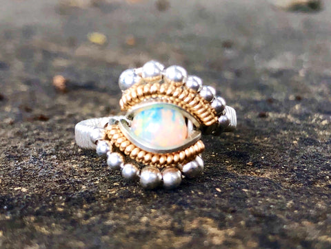Petite Beaded Ethiopian Opal Wire Wrap Ring
