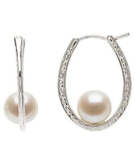 Fresh Water Pearl Silver Oval Hoops