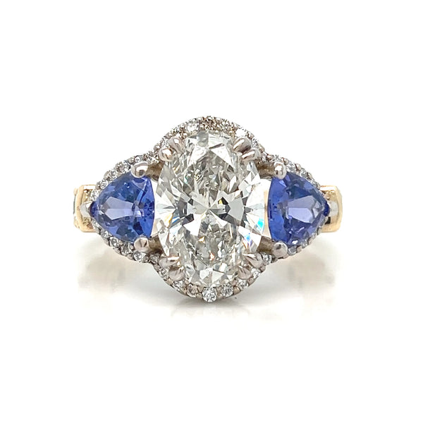 Stunning 4 ct. Oval Lab Diamond and Tanzanite 3 stone Ring