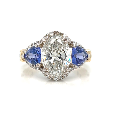 Stunning 4 ct. Oval Lab Diamond and Tanzanite 3 stone Ring