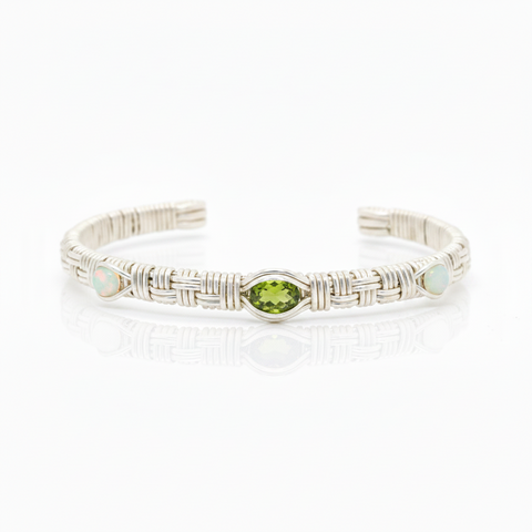 Basket Weave Three Stone Cuff Bracelet Peridot and Opal