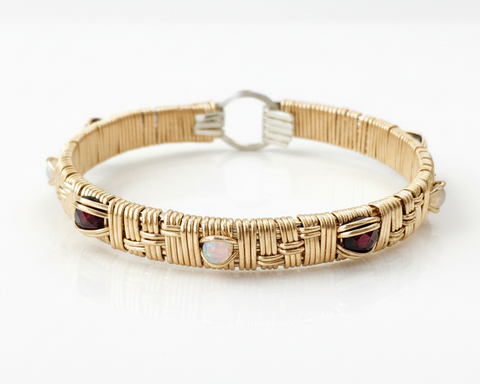 Ethiopian Opal and Garnet Basket Weave Elite Bangle Bracelet
