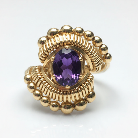 Beaded Oval Amethyst Ring