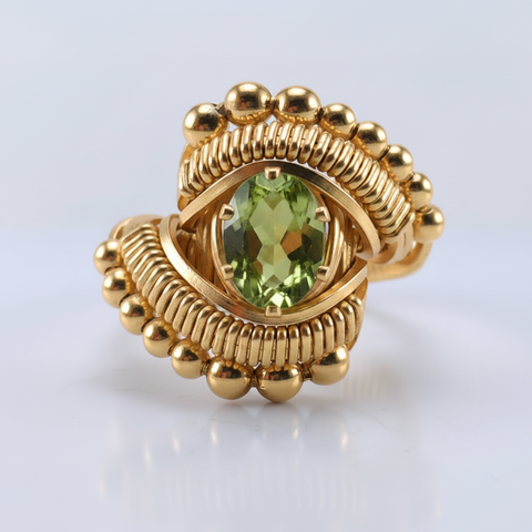 Beaded Wire Wrapped Peridot Ring Oval Gemstone