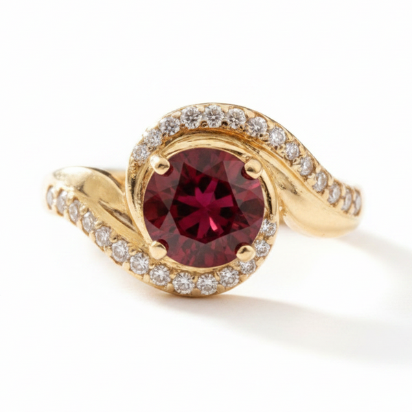 Rhodolite Garnet Diamond Swirl Ring
