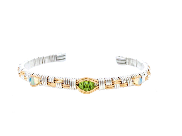 Basket Weave Three Stone Cuff Bracelet Peridot and Opal