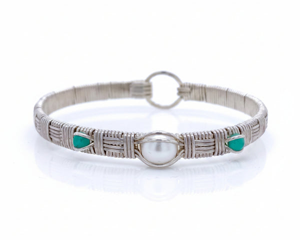 Pearl and Emerald Elite Three Stone Bangle Bracelet