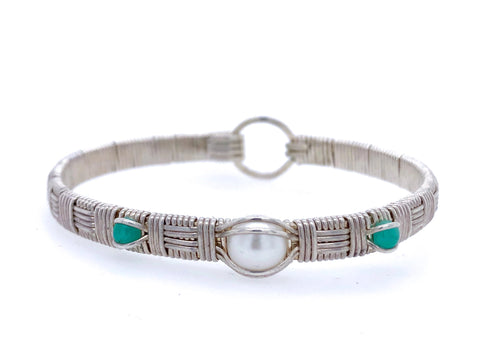 Pearl and Emerald Elite Three Stone Bangle Bracelet