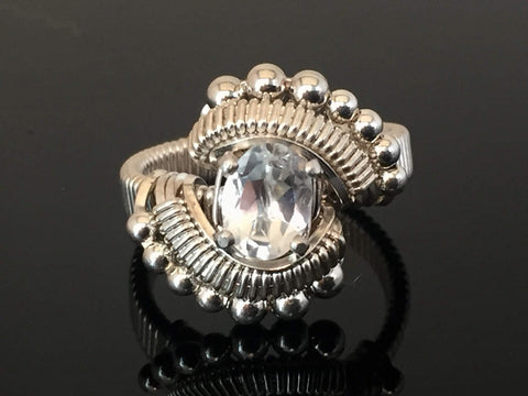 Beaded White Topaz Wire Wrapped Ring Oval Gemstone