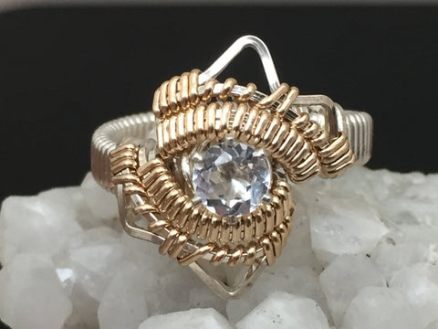 White Topaz Wire Wrapped Ring Argentium Silver and 14 Karat Yellow Gold Filled Wire Wrapped Jewelry