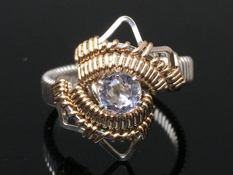 White Topaz Wire Wrapped Ring Argentium Silver and 14 Karat Yellow Gold Filled Wire Wrapped Jewelry