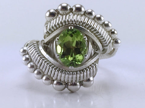 Beaded Wire Wrapped Peridot Ring Oval Gemstone