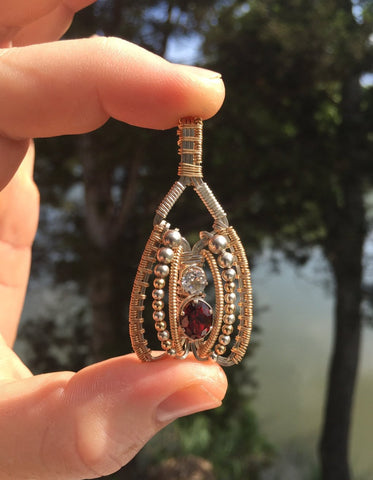 Wire Wrapped Pendant (Almandine Garnet, White Topaz)