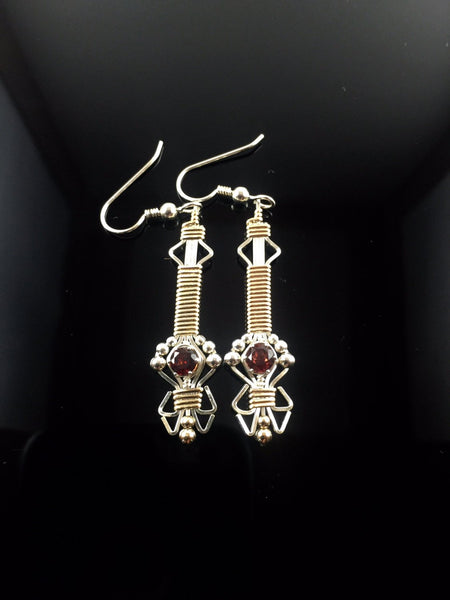 Wire Wrapped Gold and Silver Almandine Garnet Drop/Dangle Gemstone Earrings