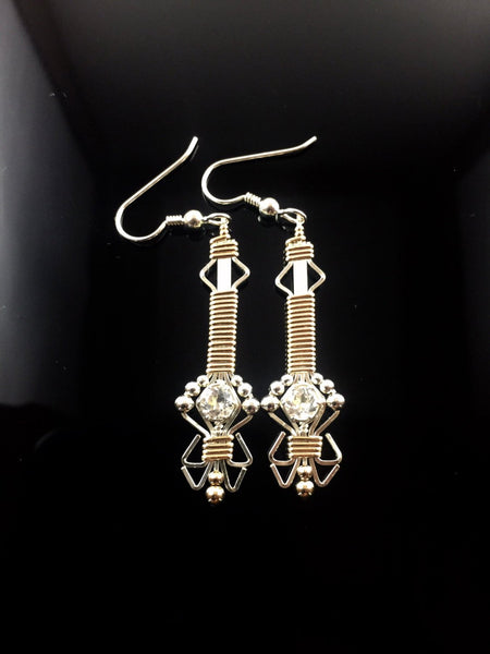 Wire Wrapped Gold and Silver Natural White Topaz Drop/Dangle Earrings