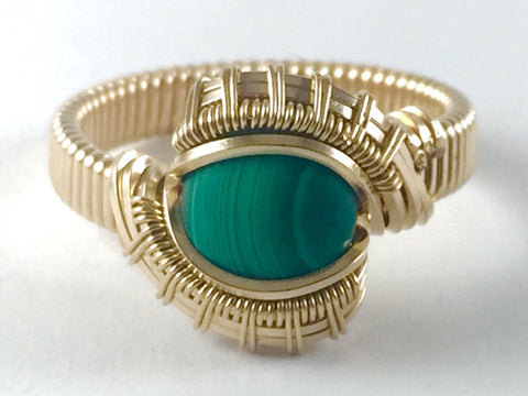 Gold Malachite Ring Wire Wrapped All 14 Karat Yellow Gold Filled Wire